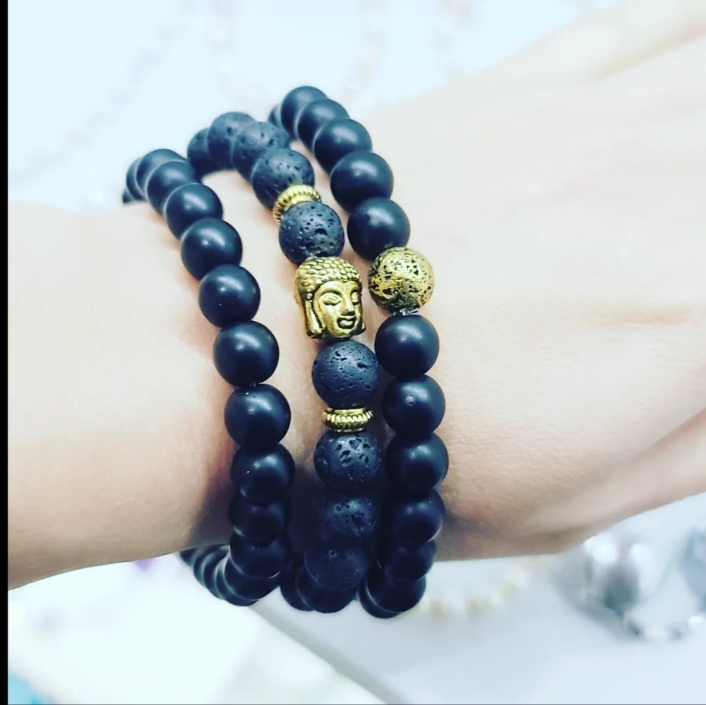 Stack of 3 bracelets /Matte Agate, Lava Stone, Buddha charm